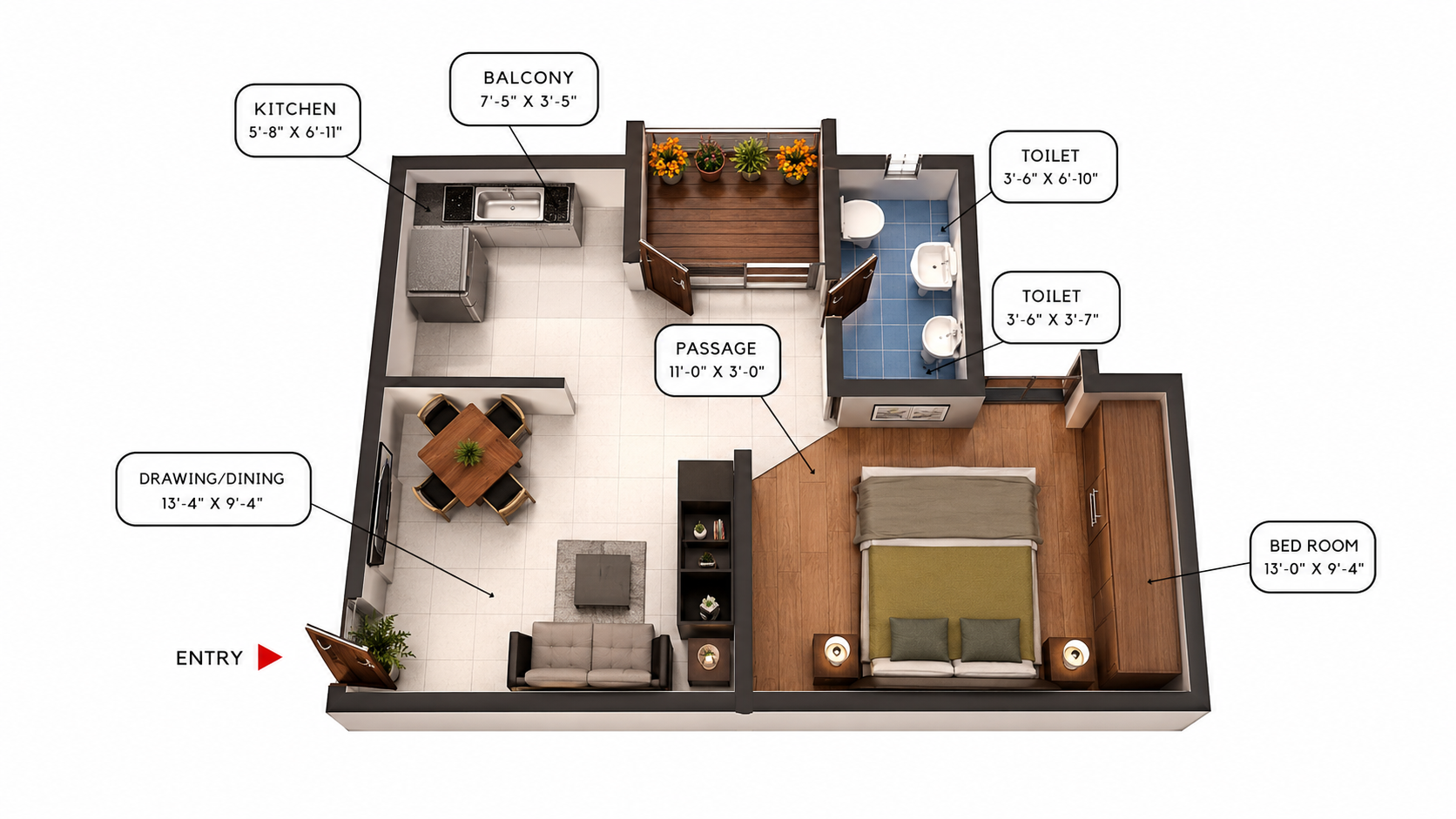 1 BHK Unit Plan
